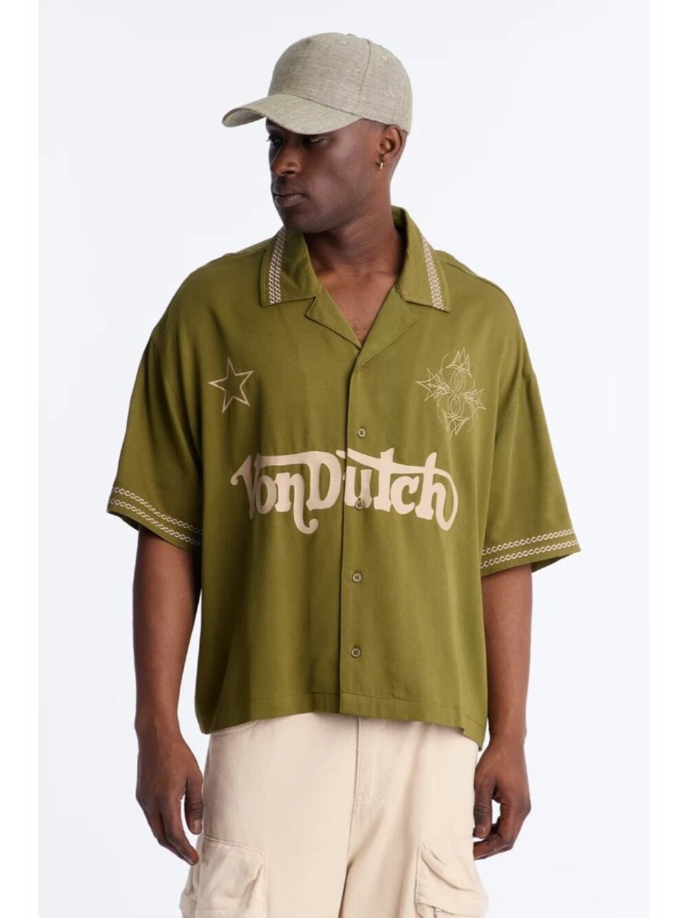 Von Dutch Embroidery Patch Cropped Short Sleeve Button Up Shirt Men Olive XL